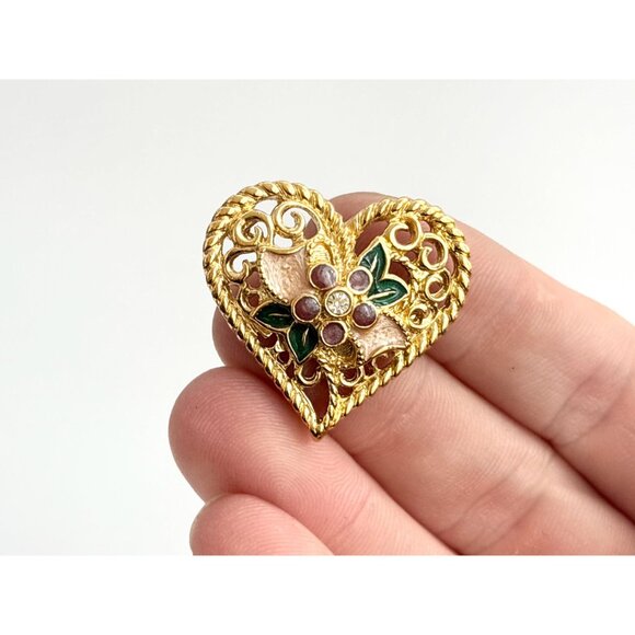 Heart Shaped Textured "I Love You" Rhinestoned and Enameled Brooch - Picture 8 of 10